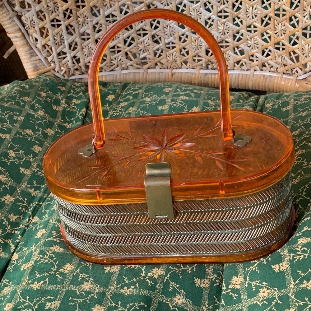 Vintage MCM 50's MW Handbags USA Orange Gold Oval Floral Embossed Handbag Purse